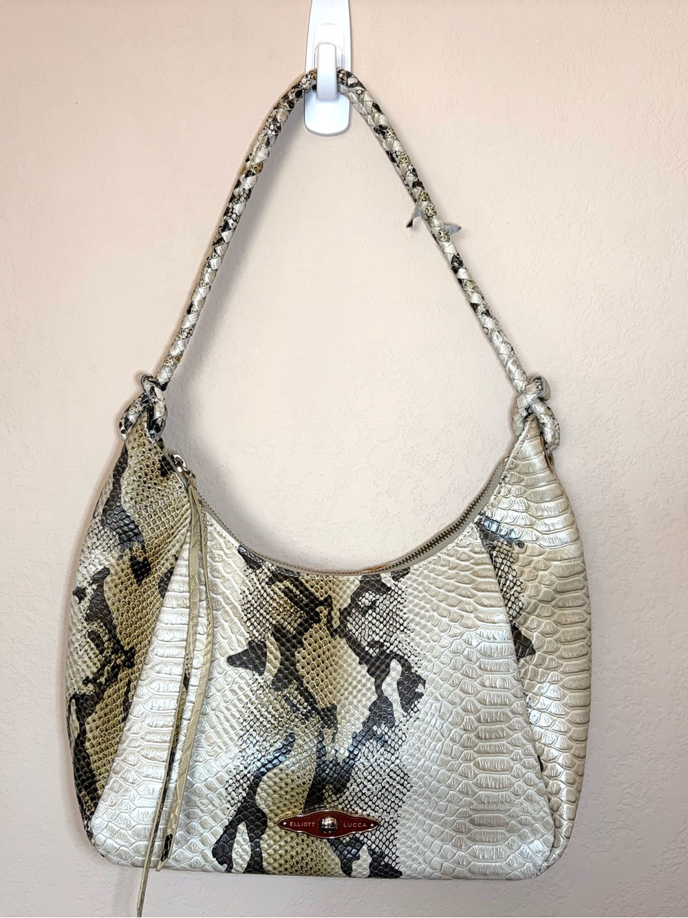 Elliott Lucca Snakeskin Embossed Leather Hobo Shoulder Bag Braided Strap